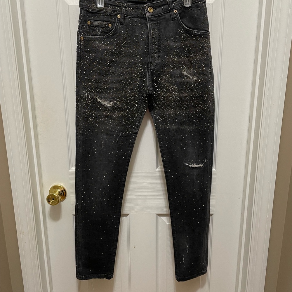 Avenue George V Paris Men's Size 32 Black Distressed Jeans With Crystals